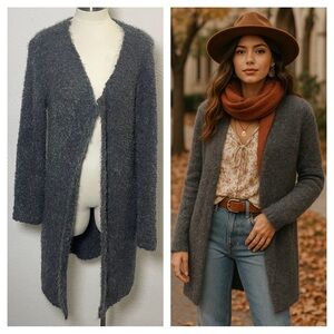 POL Gray Fuzzy Long Cardigan Sweater‎ Medium Cozy Fall Layering Neutral Knit